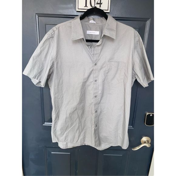 Calvin Klein Gray Flecked Short-Sleeve Button-Up Cotton Shirt, Men's Size Large - Picture 1 of 10